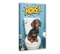 Cartoon Dachshund Sitting on The Toilet Canvas Poster Bedroom Decor Landscape Decor Gift 20x30inch(50x75cm)