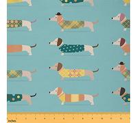 Cartoon Dachshunds Fabric by The Yard Cute Sausage Dog Winter Theme Upholstery Fabric for Home DIY Projects Dots Grids Stripes Sweaters Decorative Waterproof Outdoor Fabric 1 Yard (L92*W150cm)
