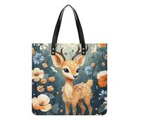 Cartoon Deer Flower Pattern Soft Genuine Leather Handbag Shoulder Bag and Purse with Magnetic Closure