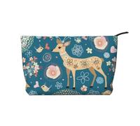 Cartoon Deer Flower Printed Corduroy Makeup Bag Cosmetic Pouch Portable Toiletry Organizer for Travel Daily Essentials Women Girls