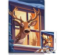 Cartoon Deer Looking Through Window Jigsaw Puzzles 1000 Pieces for Teenagers Cognitive Development Fun Game Special Thoughtful Celebration Present Size 38x52cm