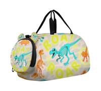 Cartoon Dino Fluorescent Green Orange Camouflage Kids Duffel Bag with Shoes Compartment Lightweight Kids Overnight Duffel Bag for School Practice, Sports, Travel