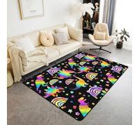 Cartoon Dinosaur Area Rugs,Neon Colorful Stars Rainbow Non Slip Carpet Wild Animals Indoor Floor Mat Entrance Rug,Fashion Black Home Living Room Bedroom Decor,5x6'6''