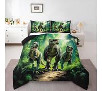 Cartoon Dinosaur Comforter Set Queen Size,Cute Dinosau Forest Duvet Insert Adults Bedroom Decor,Fairy Tale Animal Theme Bedding Set,Dark Green Ultra Soft Microfiber Inner Fill 3Pcs Bedding