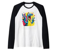 Cartoon Dinosaur Double Peace Retro Pop Graphic Sign Gesture Raglan Baseball Tee