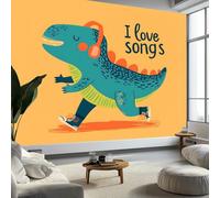 Cartoon Dinosaur Headphones Music Theme Mural Wallpaper 200x140 cm, Yellow Wall Murals for Bedrooms Living Room Children Nursery Wall Mural Art Deco - Photo Wallpaper Poster Decoration