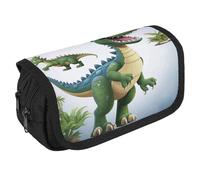 Cartoon Dinosaur Images Pencil Case Organizer - Large Capacity 3 Compartment Pencil Pouch for Adults, Portable Makeup Bag & Aesthetic Stationery Bag with Zipper (8.7x4.3") Unisex Gift
