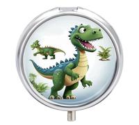 Cartoon Dinosaur Images Pill Organizer 3 Compartment Travel Pillbox with Mirror Daily Medicine Pill Case Metal Pill Box for Purse & Pocket Portable Small Medicine Box Round Vitamin Case Container