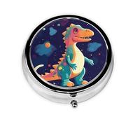 Cartoon Dinosaur in Space Pill Box Metal Round Small Pill Case Cute 3 Compartment Pill Organizer Portable Travel Pillbox Mini Pill Container Holder for Daily Medicine Supplement Vitamin