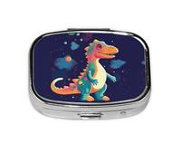 Cartoon Dinosaur in Space Print Pill Box Square Pill Case 2 Compartment Small Metal Medicine Organizer Portable Travel Pillbox for Pocket Purse Cute Mini Pill Container to Hold Daily Vitamins