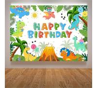 Cartoon Dinosaur Jungle Balloon Cake Volcano Pattern Backdrop Perfect for Birthday Parties and Outdoor Photography party background banner