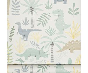 Cartoon Dinosaur Pastel Teal Yellow Green Blue White Childrens Smooth Wallpaper