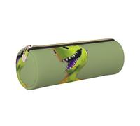 Cartoon Dinosaur Printed Leather Pencil Case Cute Stationery Organizer Round Makeup Bag Pen Pouch, Gold Zipper