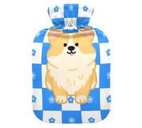 Cartoon Dog Blue White Grid Cute hot Water Bottle with Soft Cover, 2L hot Compress for Sore Muscle, Arthritis, Bolsa para agua Caliente