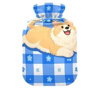 Cartoon Dog Blue White Grid hot Water Bottles with Soft Cover, 1L Warm Compress for Neck Shoulder Warmer, Hot and Cold Therapies, Bolsa para agua Caliente para Dolor