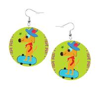 Cartoon Dog Doing Sports Prints Leather Round Earrings Pendant Stylish And Light Lightweight Dangle For Women Girls, One Size, Leather, No Gemstone