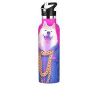 Cartoon Dog Hip Pop Neon Color BPA-Free Leak Proof Reusable Water Bottle Insulated with Straw Lid Double Wall Vacuum Insulated for Water, Milk, Juice, School, Camp, Sport