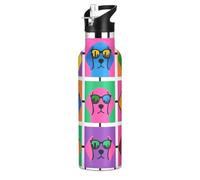 Cartoon Dogs Colorful Grid Pop Art Leak Proof & BPA Free Reusable Water Bottle with Straw Lid Hot & Cold Double Walled for Sports, Travel, and School