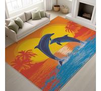 Cartoon Dolphins Palm Tree Sun Machine Washable Rugs Living Room 80 x 150 cm Palm Tree Sun Rugs for Bedroom, Orange Area Rug for Various Room Lounge Short Pile Floor Carpe