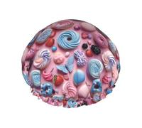 Cartoon Donut Cake Print Shower Caps for Women, Reusable Double Layers Elastic Band Long Hair Bath Caps for Shower
