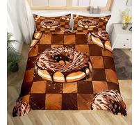Cartoon Donuts Kids Duvet Cover Set King Size,Geometric Plaids Grids Patchwork Bedding Set,Girls Room Decor,Sweet Doughnut Desserts Food Comforter Cover,Brown Retro Quilt Cover,2 Pillowcases