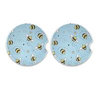Cartoon Doodle Cute Flying Bees Seamless Line Flowers on Turquoise 2 PCs Car Absorbent Ceramic Coaster, Auto Round Cup Mat Mug Pad with a Finger Notch for Easy Removal, Cup Holder with Cork Base