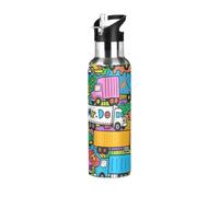 Cartoon Doodle Truck Leak Proof Reusable Water Bottle With Straws Leak-proof Double Wall Vacuum Insulated Bottles for Water, Milk, Juice, School, Camp, Sport 32 OZ