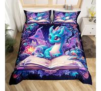 Cartoon Dragon Duvet Cover Double Cute Magic Book Bedding Set, Kawaii Wildlife Animal Comforter Cover Bohemian Hippie Mandala Paisley Bed Set, Magical Jungle Bedroom Set