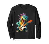 Cartoon Dragon Rock Star Electric Guitar Player Design Long Sleeve T-Shirt