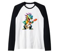 Cartoon Dragon Rock Star Electric Guitar Player Design Raglan Baseball Tee
