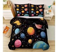 Cartoon Duvet Cover Set Double Size, Galaxy Space Stars Breathable Brushed Microfiber Quilt Cover 200 x 200 cm, Black Reversible Bedding Set 3pcs with 2 pillowcases, Easy Care