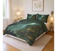 Cartoon Duvet Cover Set Soft Microfibre Quilt Cover 3 PCS Bedding Set with 2 Pillowcase Green Yellow Mysterious Jungle Stone Temple Comforter Cover with Zipper Double for Kids Adults 79" x 79"