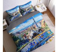 Cartoon Duvet Cover Sets Super King Size Urban landscape and parks Printed Bedding Set 3 Pcs Microfiber Soft Quilt Cover 260x220 cm & 2 Pillowcases 50x75 cm with Zipper Closure