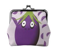 Cartoon Eggplant Printed Kiss-Lock Coin Purse for Women, Compact Stylish PU Leather Change Pouch for Cards, Coins, Essentials