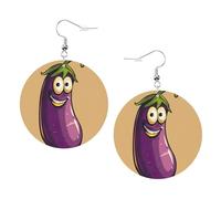 Cartoon Eggplant Printed Round Earrings For Women, 1 Pair Lightweight Leather Pierced Earrings Set Trendy Jewelry Gifts For Women Girls