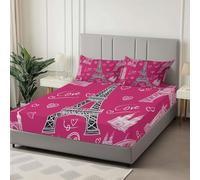 Cartoon Eiffel Tower Heart Shape Romance Printed Fitted Sheets 3 Pieces, 12 Inch Deep Soft Microfiber Elastic Fitted Bed Sheets Luxury Washable Print Fitted Cover for Mattress, Rose Red, Single Size