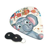 Cartoon Elephant and Owls Floral Printed Guitar Picks, 6 Pack with Leather Keychain Pick Holder - 0.46mm, 0.71mm, 0.96mm Assorted Thickness for Acoustic Ukulele, Electric Guitar