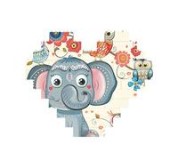Cartoon Elephant and Owls Floral Printed Jigsaw Puzzle 10.8x12.8 CM, Heart-Shaped Puzzle Challenging Game for Adults Gifts, Family Fun Decorative Wall Decor