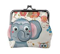 Cartoon Elephant And Owls Floral Printed Kiss-lock Coin Purse Wallet - Leather Mini Change Pouch Holder for Men Women