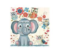 Cartoon Elephant and Owls Floral Printed Square Jigsaw Puzzle 16x16 CM, Puzzle Challenging Game for Adults Gifts, Family Fun Decorative Wall Decor