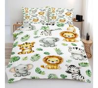 Cartoon Elephant Lion Duvet Cover Set, Jungle Animal Bedding Set, Soft Breathable Microfiber King Quilt Cover 3 Piece with Zipper Closure, 1 Duvet Cover 230x220 & 2 Pillowcases Q5z215W