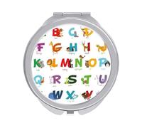 Cartoon English Alphabet with Funny Zoo Animals Folding Make Up Mirror, Compact 2X/1X Magnification Mirror, Women Portable Travel Makeup Mirror 2.4 x 2.4 inch