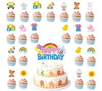 Cartoon English Teacher Birthday Decorations, Rainbow ABC Bus Double Sided Cake Decorations - 24 Cupcake Toppers, 1 Big Cake Topper for Birthday Classroom Party Supplies