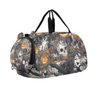 Cartoon Evil Halloween Orange Pumpkin Skull Kids Duffel Bag with Shoes Compartment Multifunctional Overnight Bag for Travel, Swimming, Dance, Ballet