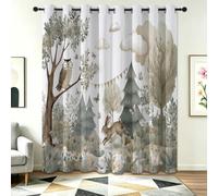 Cartoon Eyelet Curtains 66 x 72 inch 2 Panels, Forest Animals Owls Rabbits Butterflies Print Thermal Insulated Noise Reduction Window Drapes, Green Blackout Curtain for Bedroom Dorm Home Office