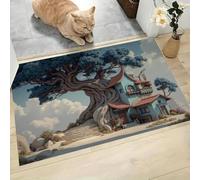 Cartoon Fairy Tale Style Indoor Door Mat 45x75cm Dirt Trapper, Washable inside Entry Rug, Retro Giant Tree Wooden House Doormats, Non-Slip, Super Absorbent Dog Mats for Muddy Paws, Pets, Cyan