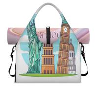 Cartoon Famous Landmarks Sports Duffle Bag with Shoe Compartment Weekend Overnight Bags Tote Cabin Luggage Bag for Gym Yoga Travel