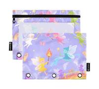 Cartoon Fantasy Elf and Rainbow Binder with Zipper with Clear Window Pencil Bag Clear Window & Grommets 3 Ringing Binder for Office Supplies Multicolored 2 PCS