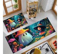 Cartoon Fantasy Kitchen Mat Sets Non-slip Durable Rug, Ghost Witch Mushroom 2 Pieces Washable Mats runner rugs Dark Green For Kitchen Bedroom - 40x60cm+40x120cm