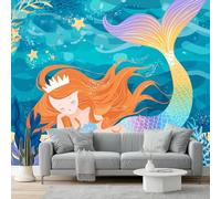 Cartoon Fantasy Photo Wallpaper 350 X 256 Cm - Non-Woven Premium Art Print Fleece Wall Mural Decoration Poster Picture Design Modern - Blue Mermaid Seaweed for Kids Bedroom Living Room